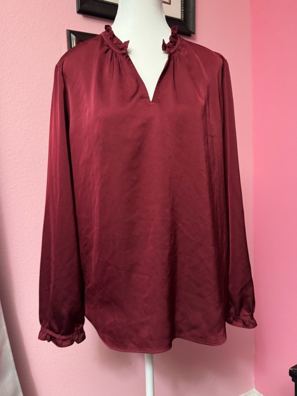 Ann Taylor Factory Burgundy Ruffled V-Neck Long Sleeve Blouse